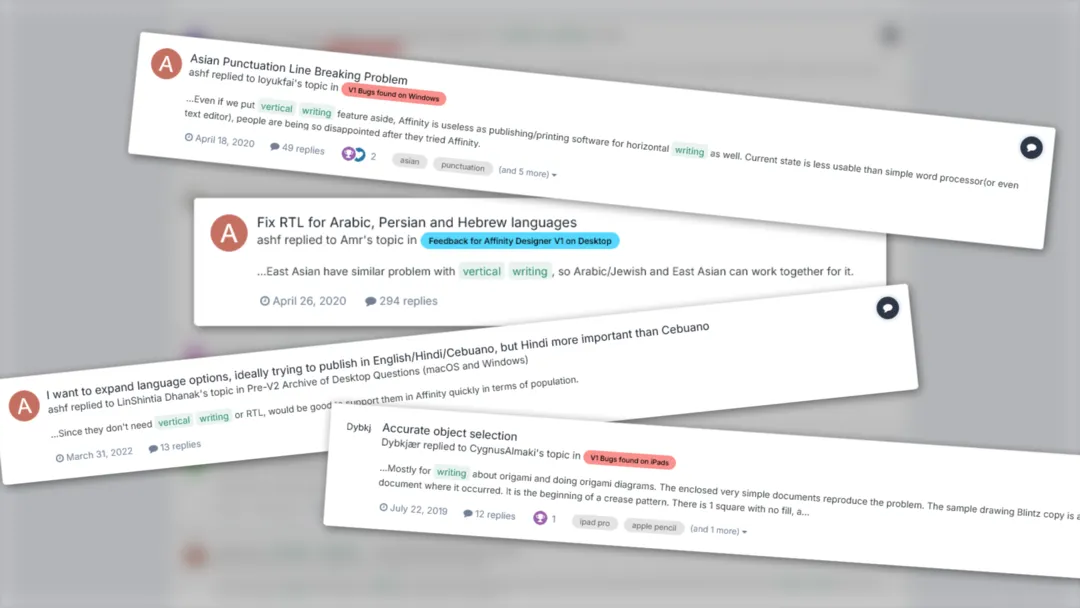 RTL compatibility issues possted on the Affinity official forum